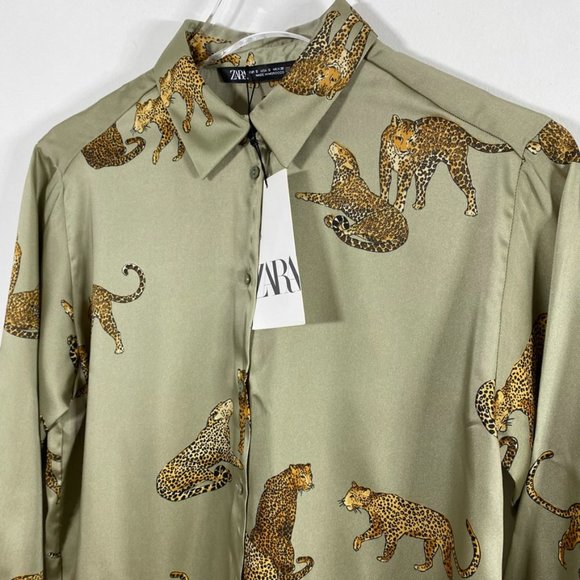 Zara Leopard silky button down blouse green size S - Picture 11 of 11